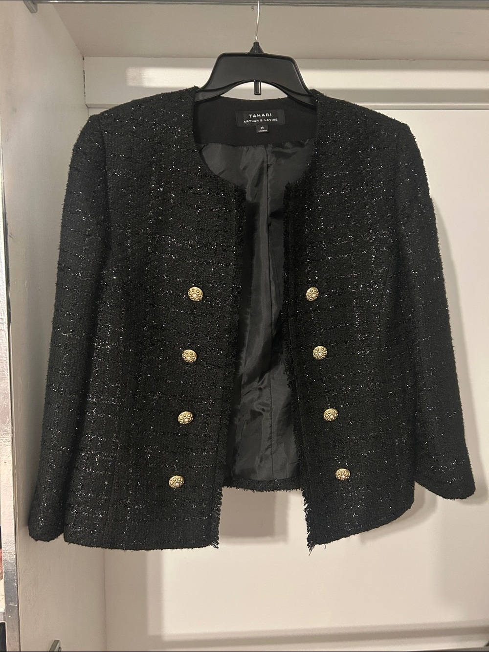 Tahari Black Tweed Collarless Jacket with Gold Buttons